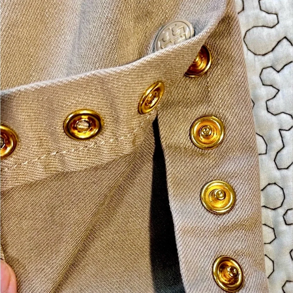 Tory Burch Emmy Beige Slim Ankle Pants Gold Snap Detail Stretch Sz 26💛
